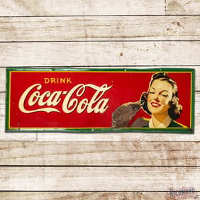 1941 Drink Coca Cola 54" Single Sided Tin Sign w/ Lady & Bottle