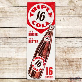 Triple 16 Cola "It's Bigger It's Better" Emb. Single Sided Tin Sign w/ Bottle