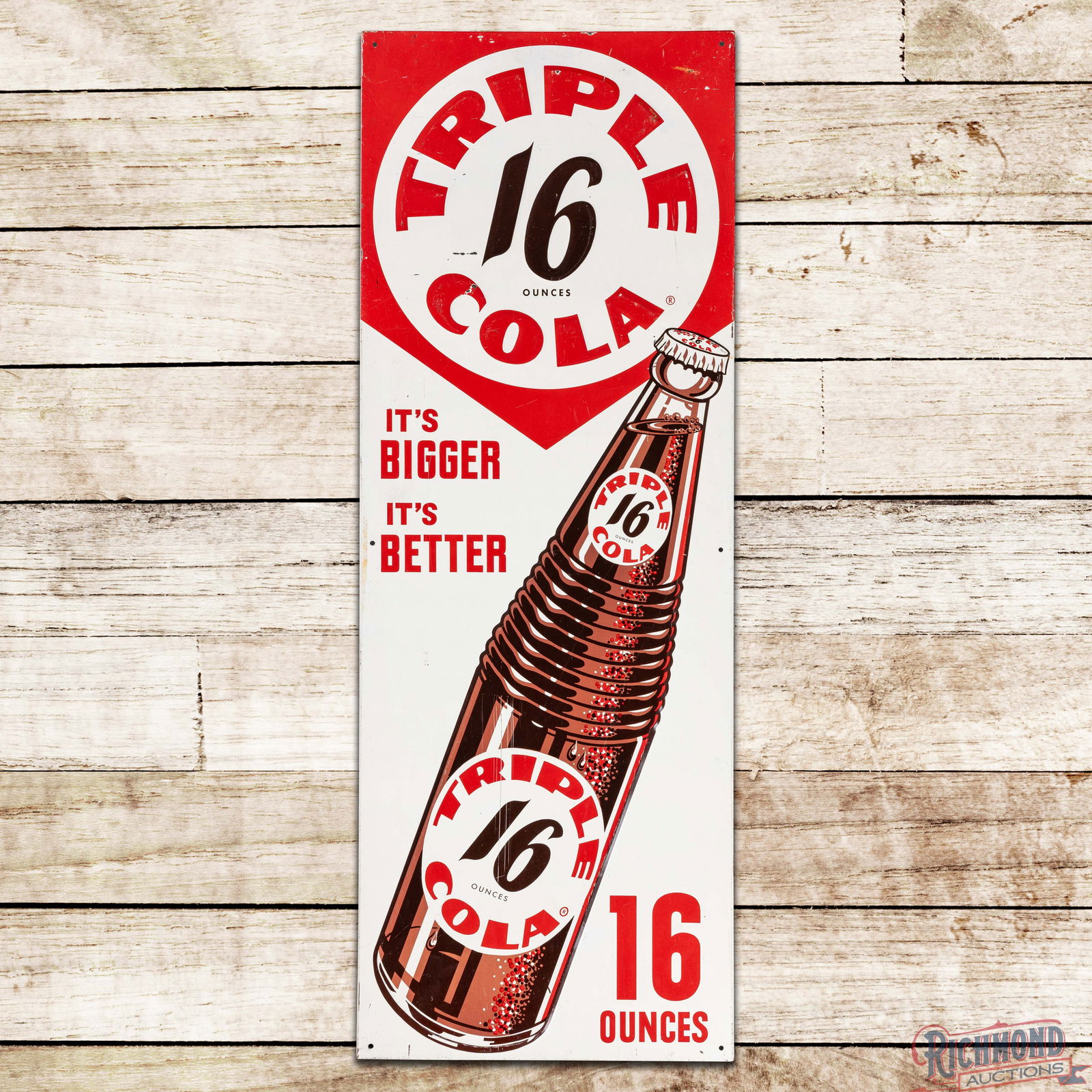 Triple 16 Cola "It's Bigger It's Better" Emb. Single Sided Tin Sign w/ Bottle (1 of 3)