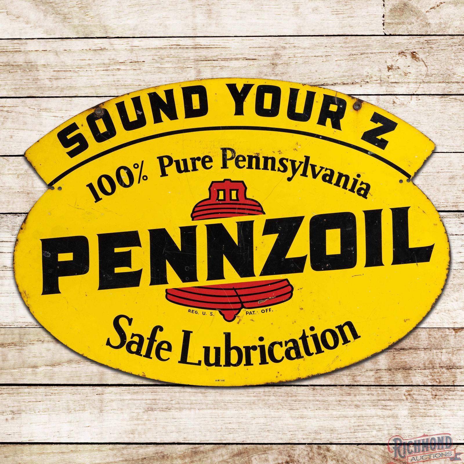 1964 Pennzoil "Sound Your Z" 100% Pure Pennsylvania Safe Lubrication Double Sided Tin Sign (1 of 3)