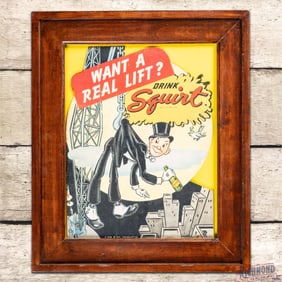 1940s Drink Squirt "Want a Real Lift" Framed Cardboard Advertising Display Sign