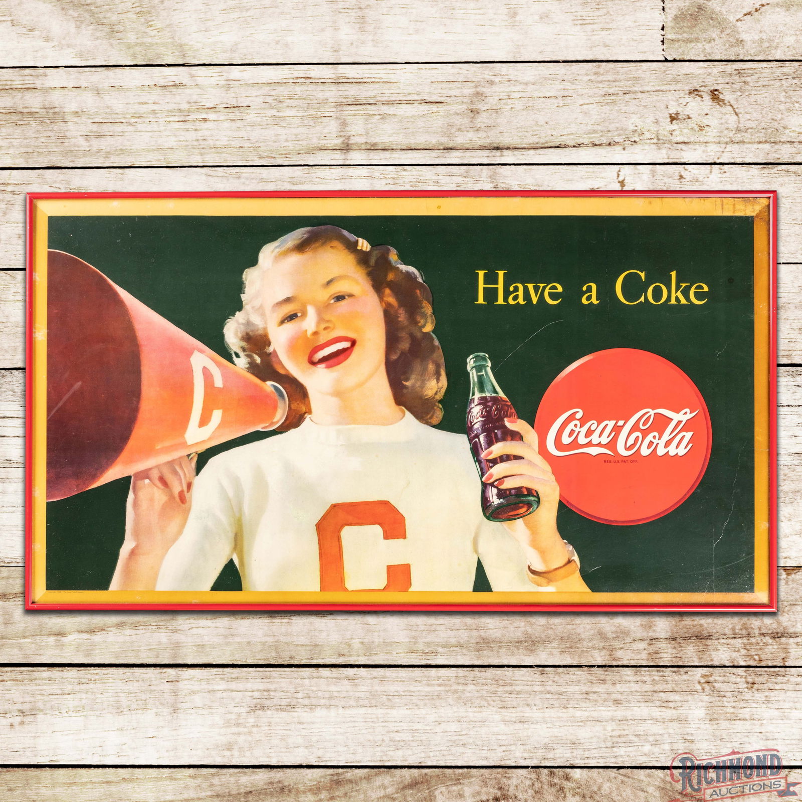1946 Have a Coke Coca Cola Framed Cardboard Advertising Sign w/ Cheerleader & Bottle (1 of 3)