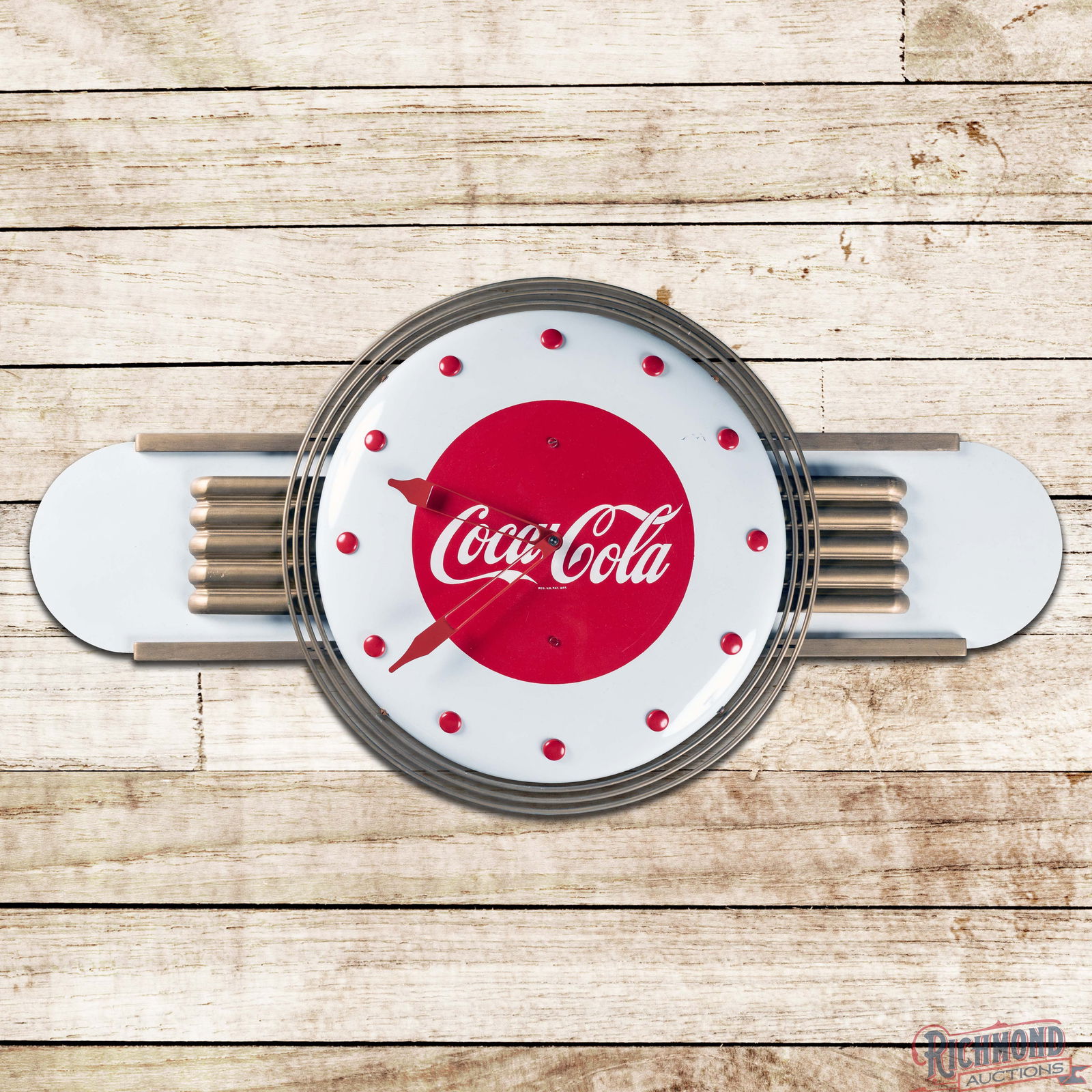 Coca Cola Kay Displays Telechron Advertising Clock: SST (Single Sided Tin) multi-piece clock with a Kay Masonite and wooden background has excellent color and shine. The clock works as it should. The field is very clean overall with minor hand wear and