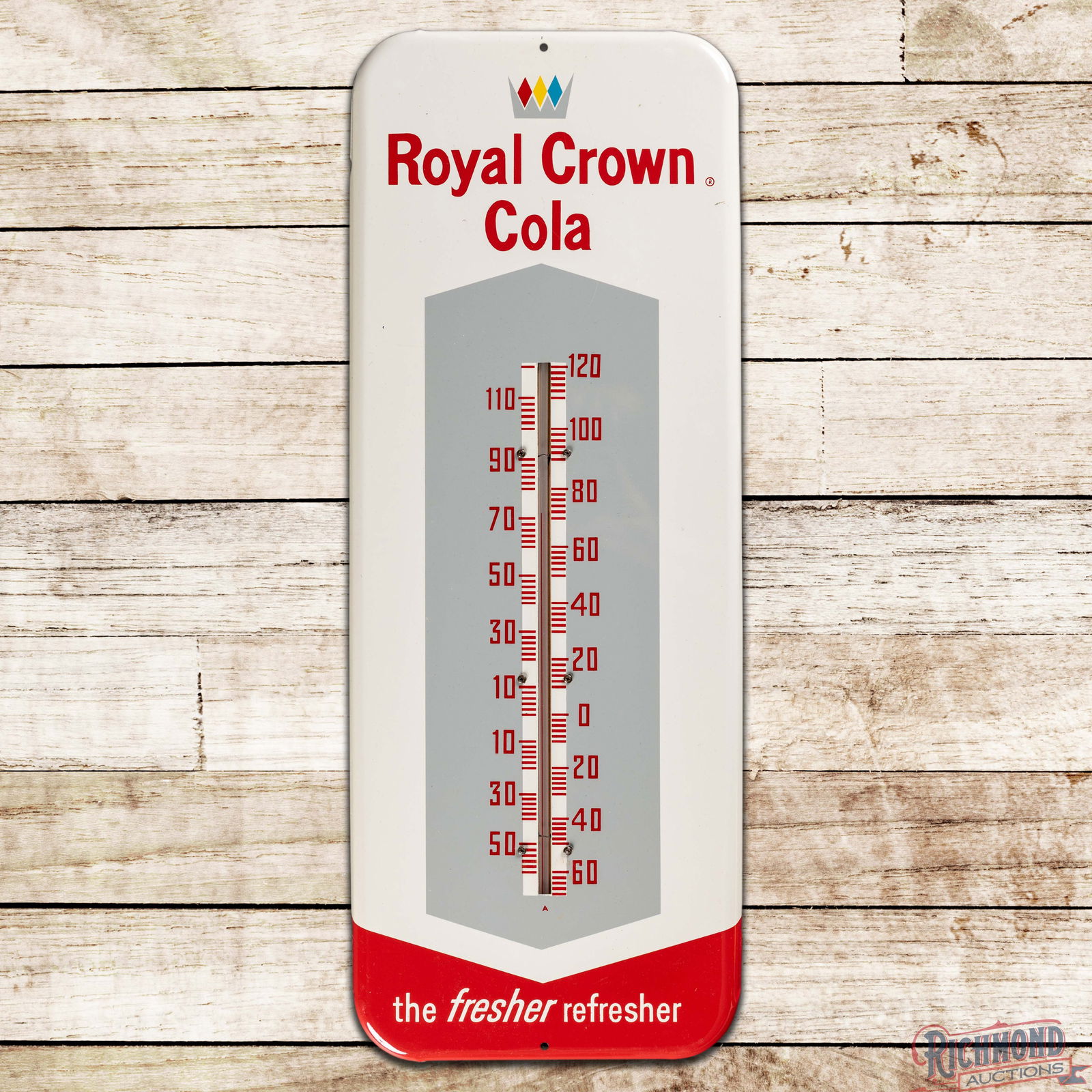 RC Royal Crown Cola "The Fresher Refresher" Single Sided Tin Thermometer w/ Diamond Crown (1 of 3)