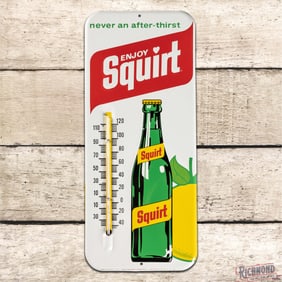 1971 Enjoy Squirt "Never an Afterthirst" Emb. Single Sided Tin Thermometer w/ Bottle