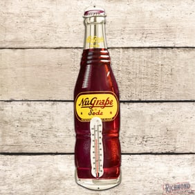 NuGrape Soda "Imitation Grape Flavor" Die Cut Single Sided Tin Bottle Thermometer