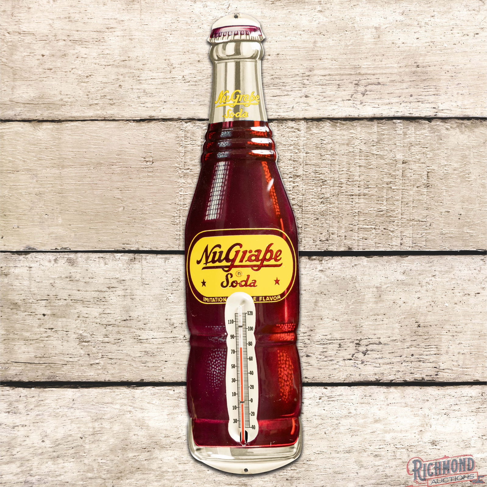 NuGrape Soda "Imitation Grape Flavor" Die Cut Single Sided Tin Bottle Thermometer (1 of 3)