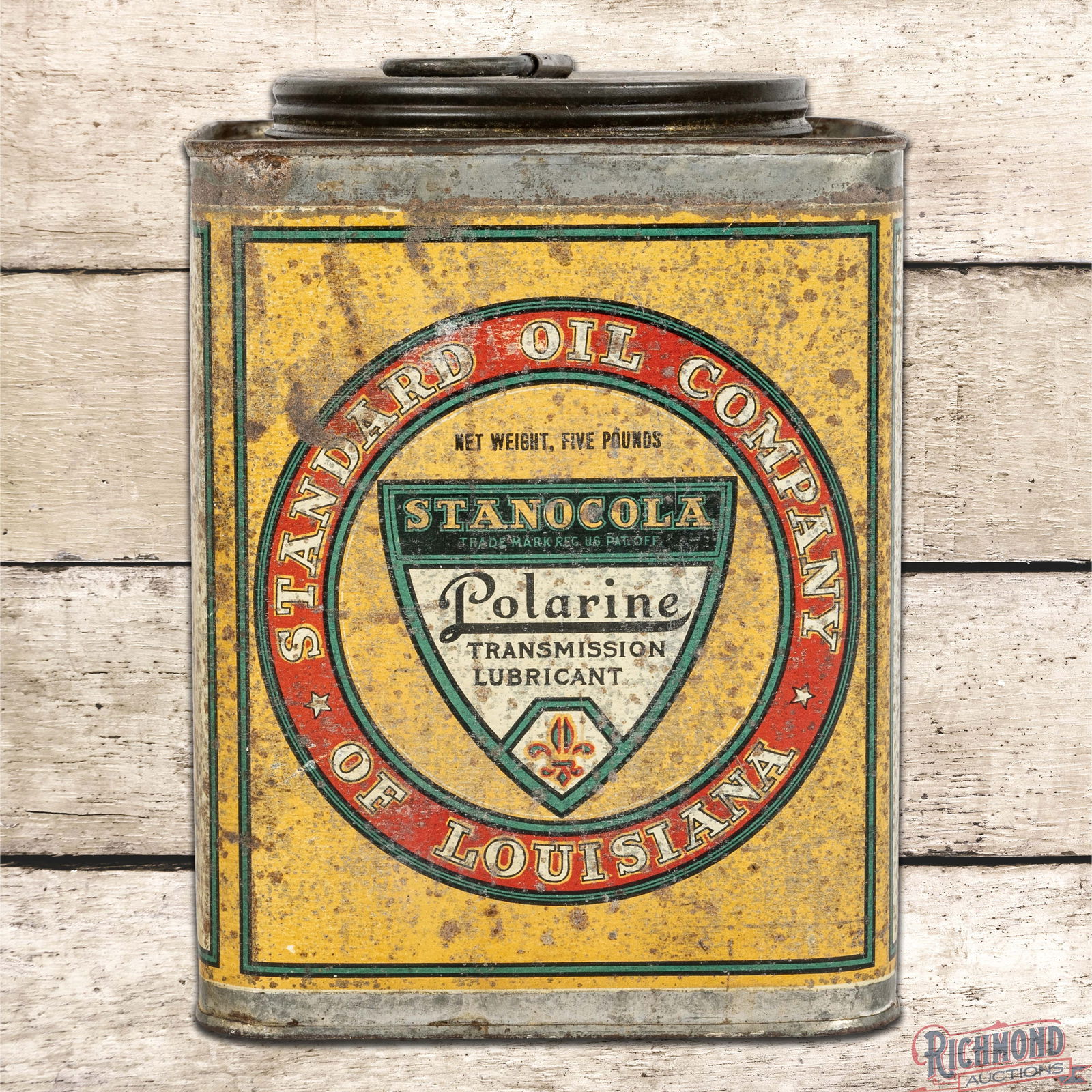 Standard Oil Company Stanocola 5 Pound Metal Advertising Can w/ Logo: Seldom seen empty five-pound grease can with factory lid has good color and moderate shine. The display has general wear with spotting and oxidation. The sides and reverse have additional surface wear