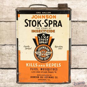 Johnson Oils Stok-Spra "Kills and Repels" One Gallon Metal Advertising Can w/ Logo