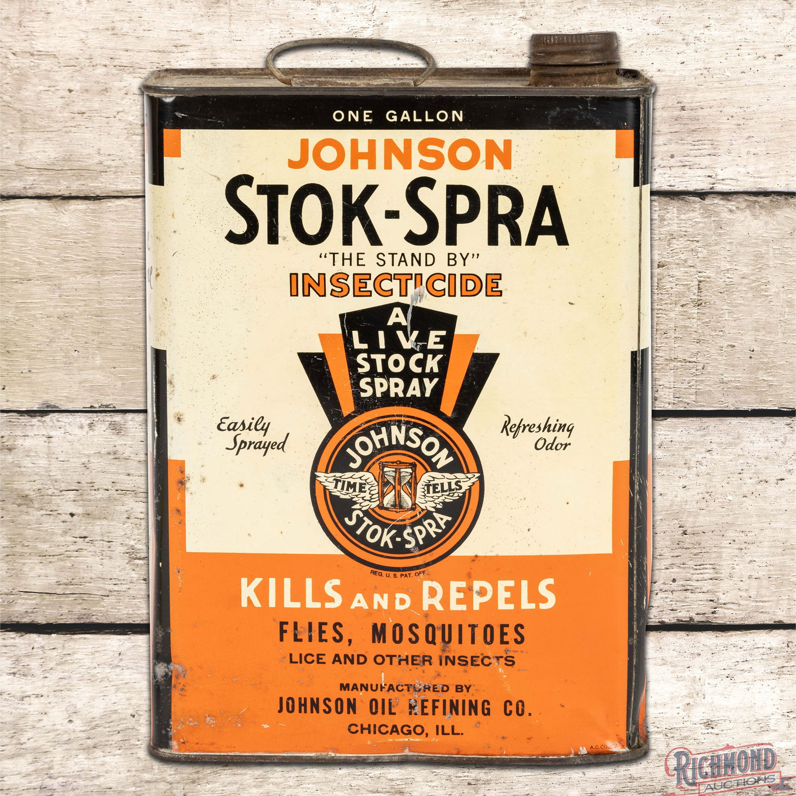 Johnson Oils Stok-Spra "Kills and Repels" One Gallon Metal Advertising Can w/ Logo (1 of 5)