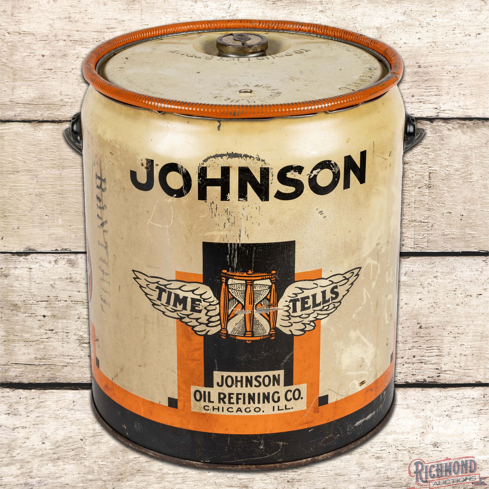Johnson Oil Refining Co. Chicago Il 5 Gallon Metal Advertising Can w/ Logo (1 of 4)