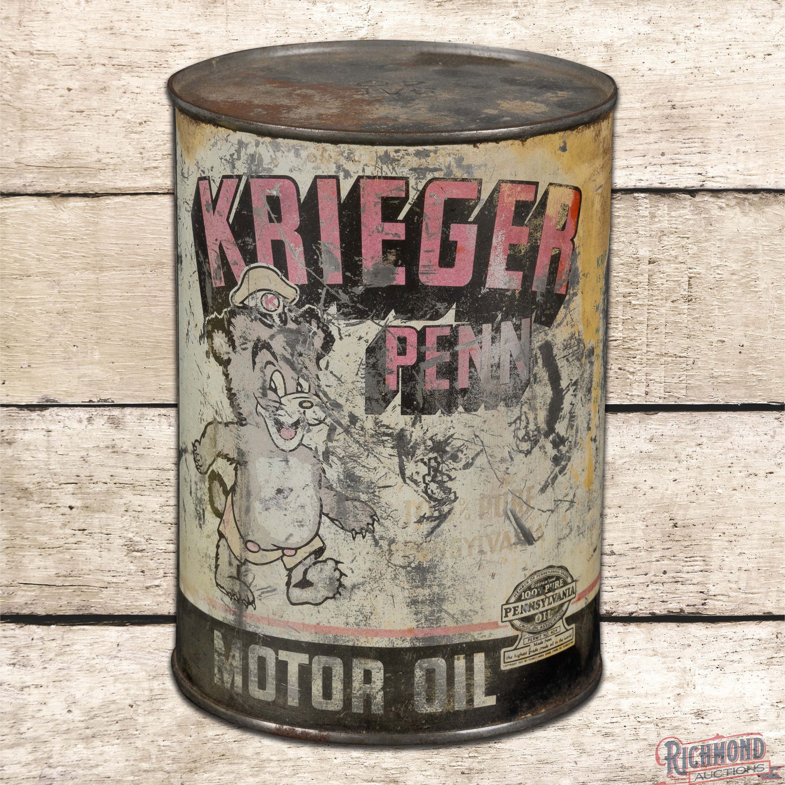 Rare Krieger Penn Motor Oil Metal 1 Quart Can w/ Bear: Empty metal one quart oil can has moderate color and shine. The can retains both factory lids and was opened from the bottom. The can features a large bear graphic on both sides with general wear and