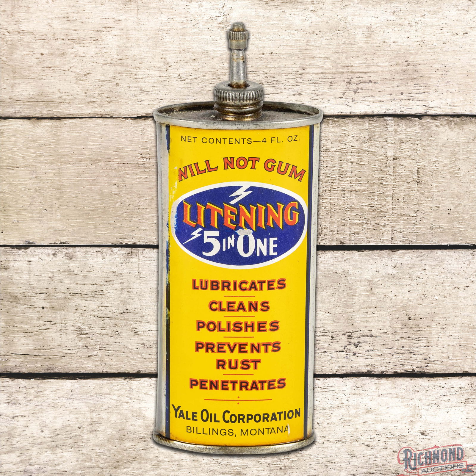 Amazing Litening 5 in One Yale Oil Billings Montana Metal Lead Top Handy Oiler: Scarce 4-fluid ounce empty metal lead top handy oiler has excellent color and shine. The field has light wear with a paint chip in the logo and rubs on the upper left edge. The reverse has minor wear