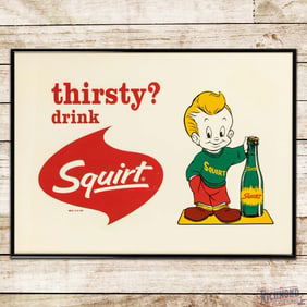 NiceThirsty? Drink Squirt Framed Cardboard Advertising Sign w/ Boy & Bottle