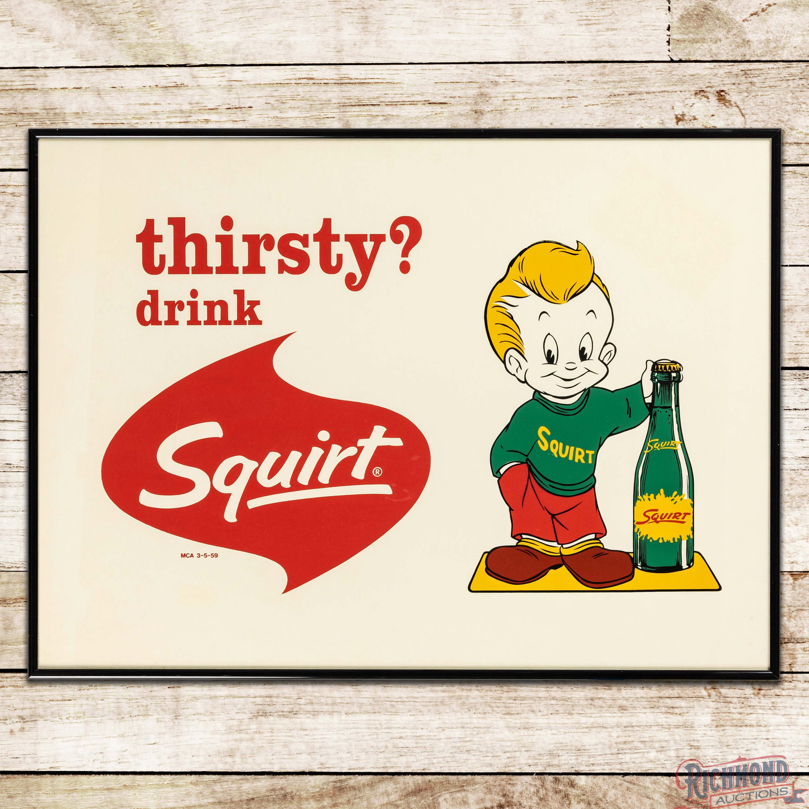 NiceThirsty? Drink Squirt Framed Cardboard Advertising Sign w/ Boy & Bottle (1 of 3)