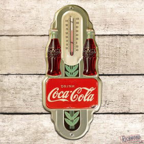 Drink Coca Cola Emb. Single Sided Tin Thermometer w/ Bottles