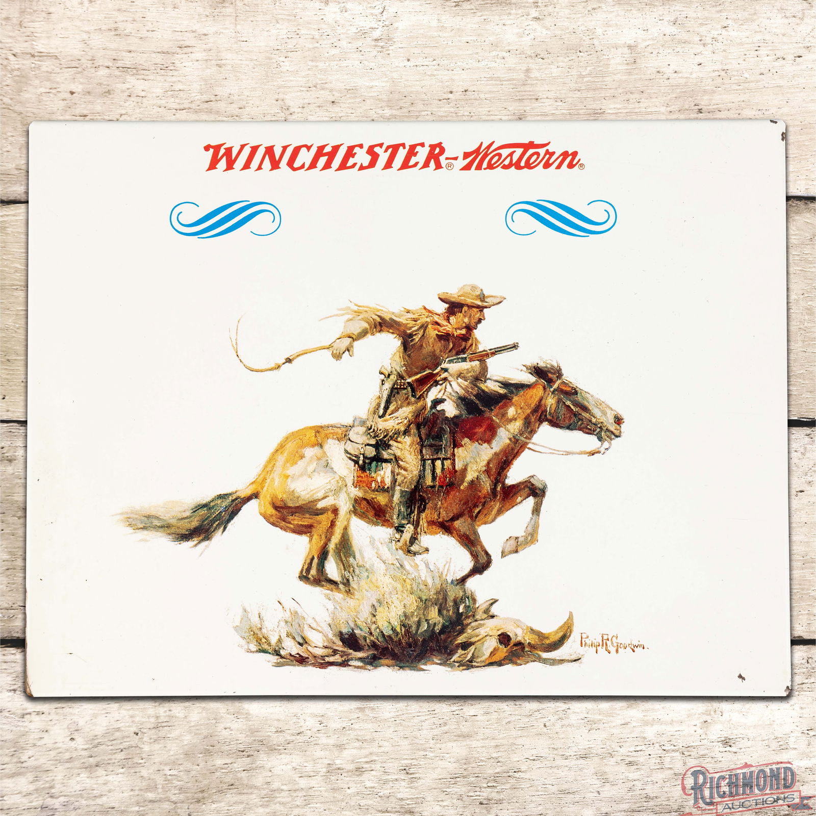 Winchester Western Single Sided Tin Sign w/ Horse & Rider Philip R. Goodwin (1 of 3)