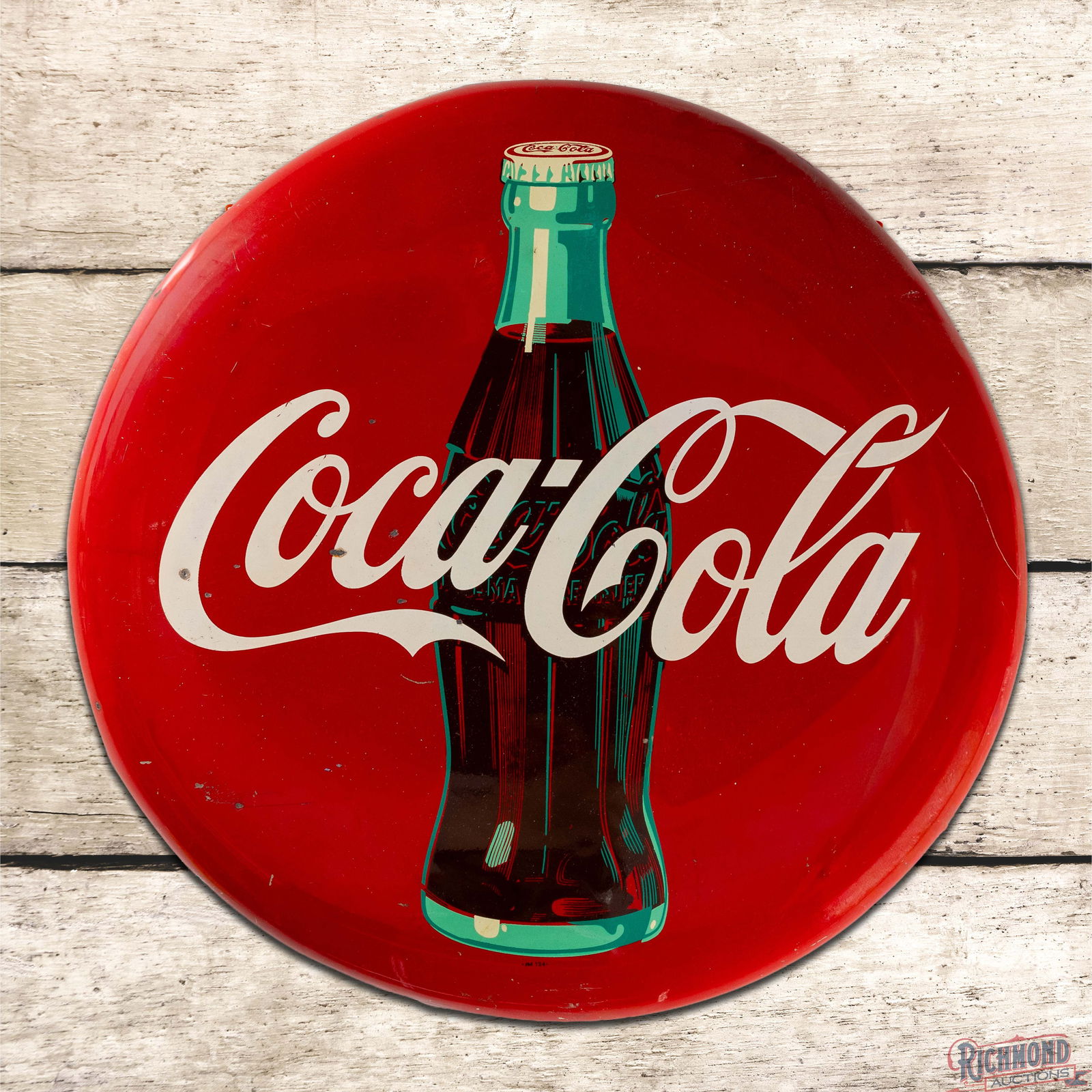Coca Cola 24" Single Sided Tin Button Sign w/ Bottle (1 of 3)