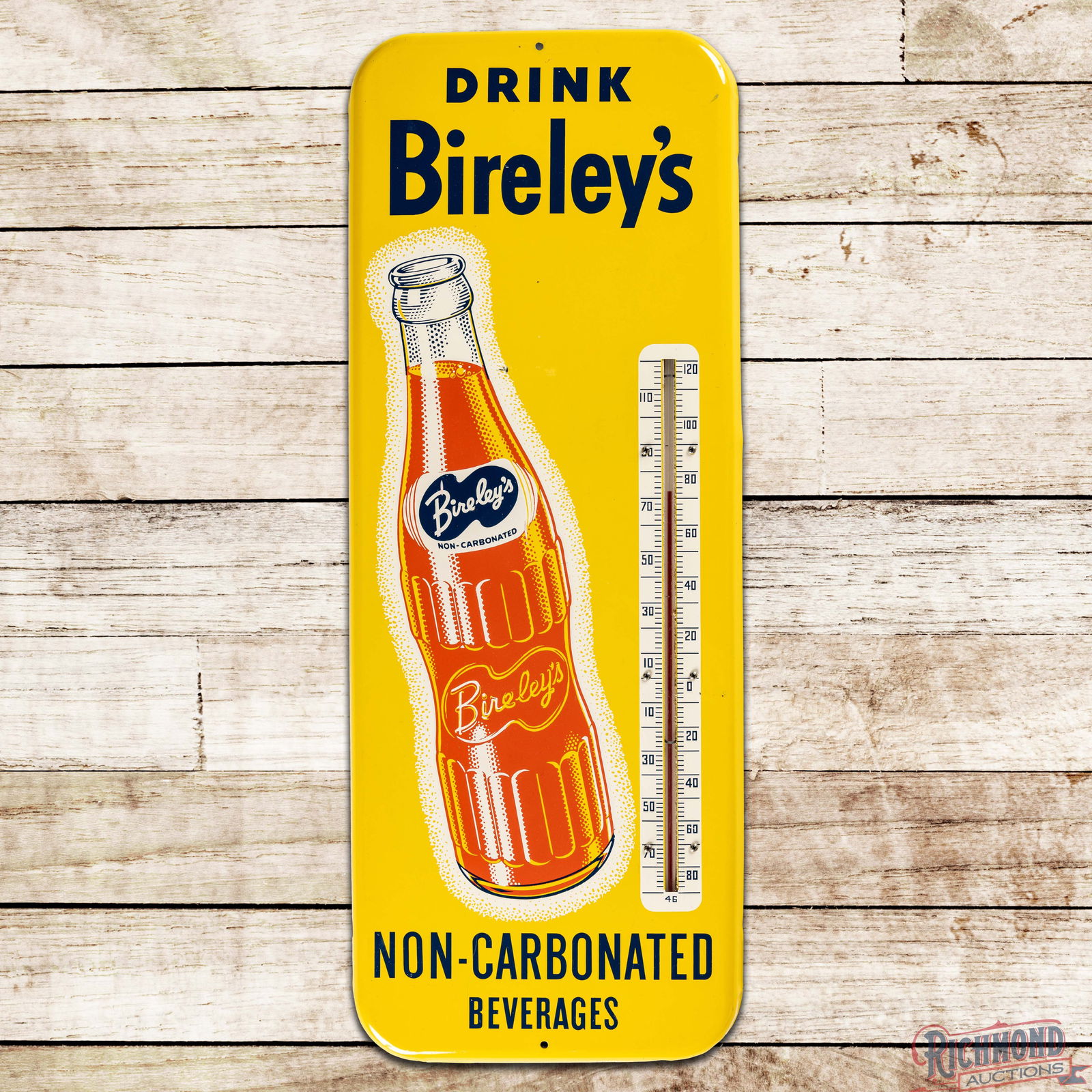 Drink Bireley's Non-Carbonated Beverages Single Sided Tin Thermometer w/ Bottle: SST (Single Sided Tin) thermometer has excellent color and shine. The tube is present and works as it should. The display is very clean overall with a small paint chip on the upper right edge of the b