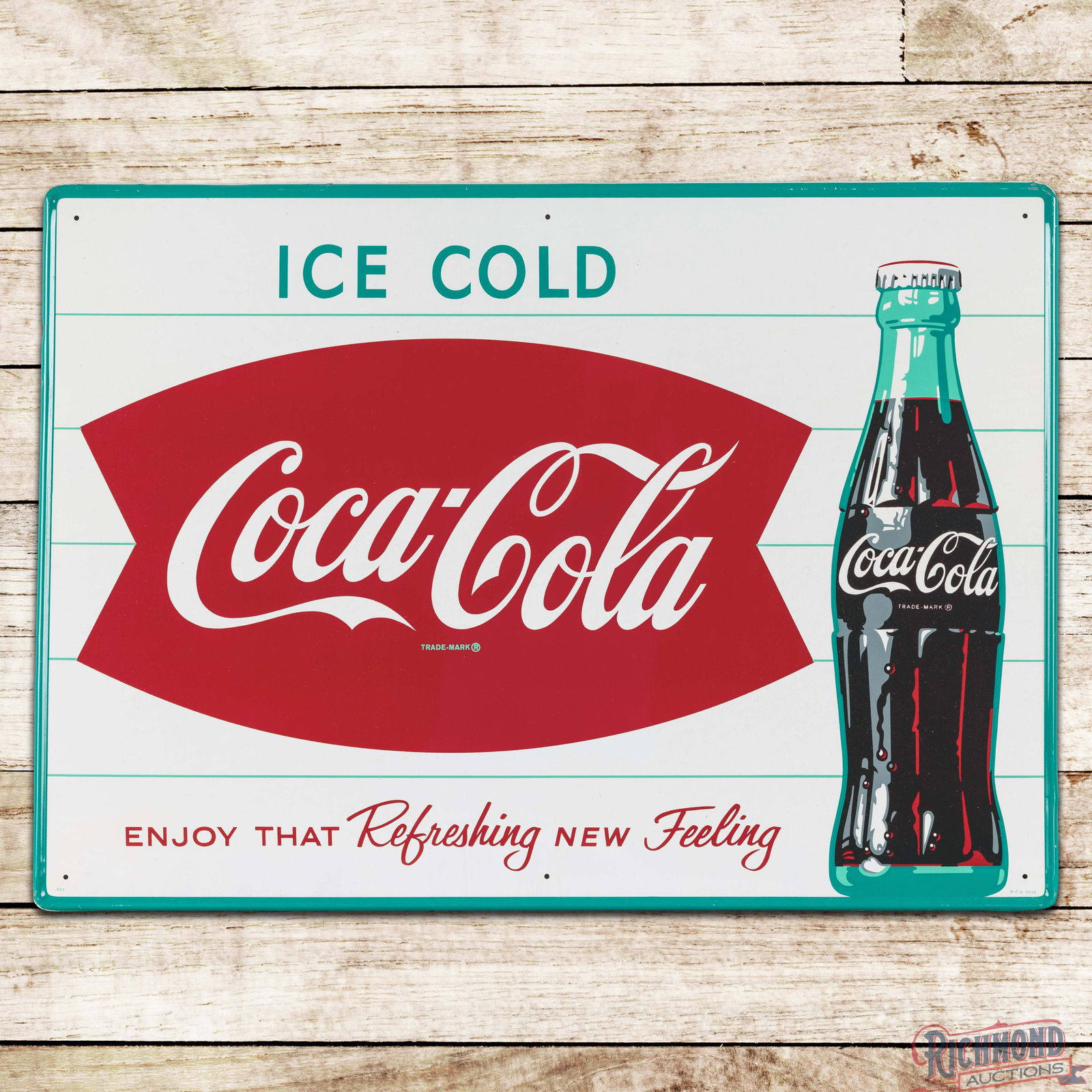 Superb Ice Cold Coca Cola "Enjoy That Refreshing New Feeling" Single Sided Tin Sign w/ Bottle (1 of 3)