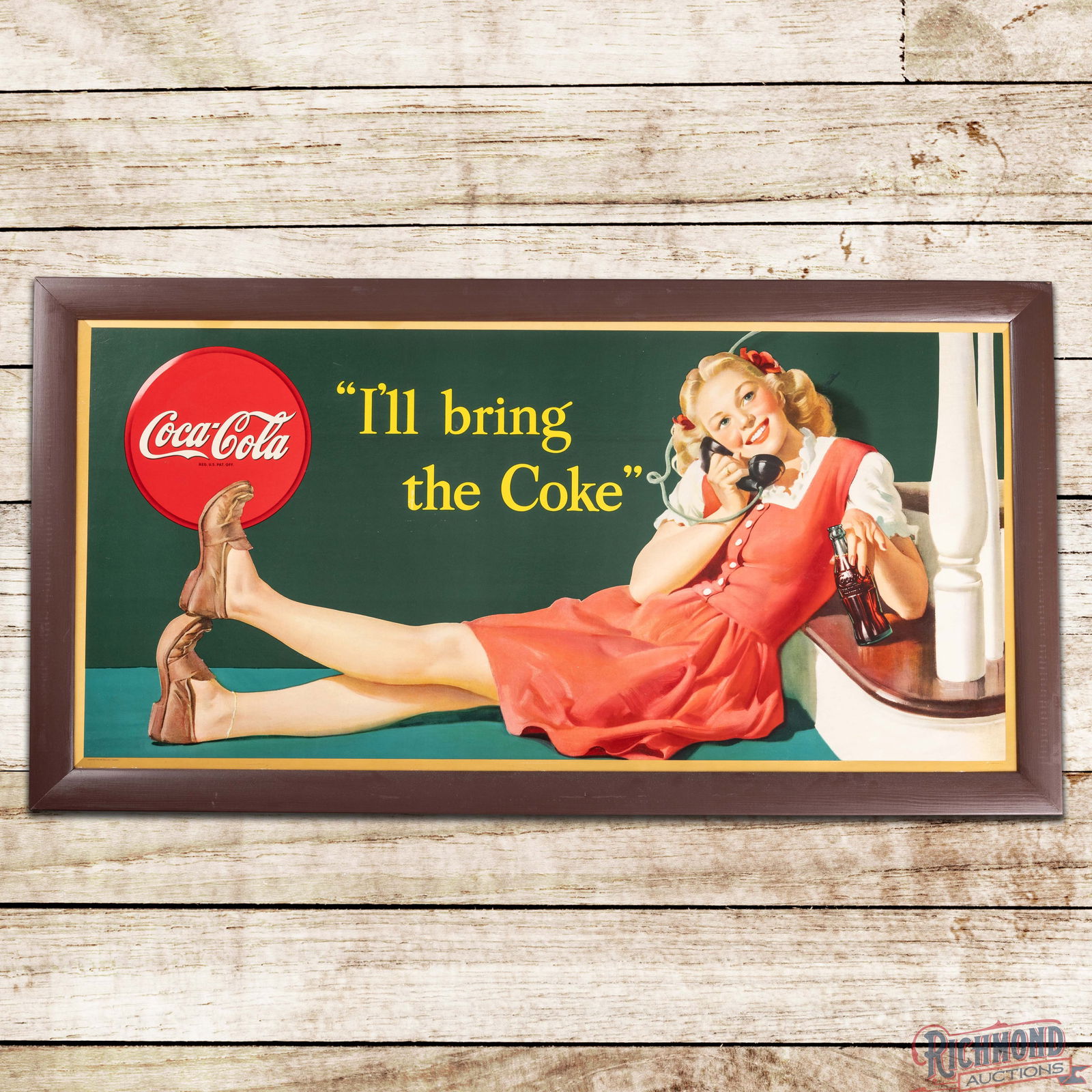 1946 Coca Cola "I'll bring the Coke" Framed Cardboard Lithograph Sign w/ Young Lady (1 of 3)