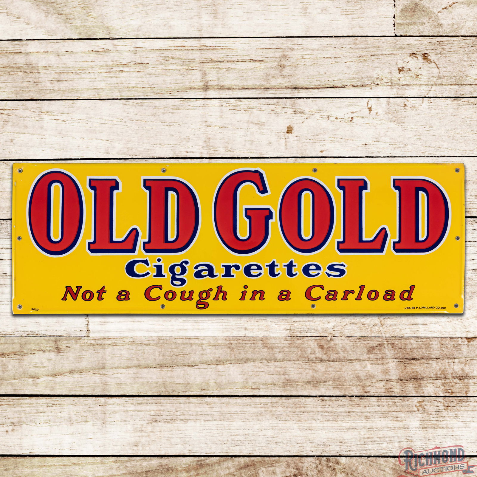 Excellent Old Gold Cigarettes "Not a Cough in a Carload" Single Sided Porcelain Sign: SSP (Single Sided Porcelain) self-framed sign has outstanding color and gloss. The fields are clean with brilliant porcelain enamel colors. The perimeter is very similar with minor surface imperfectio