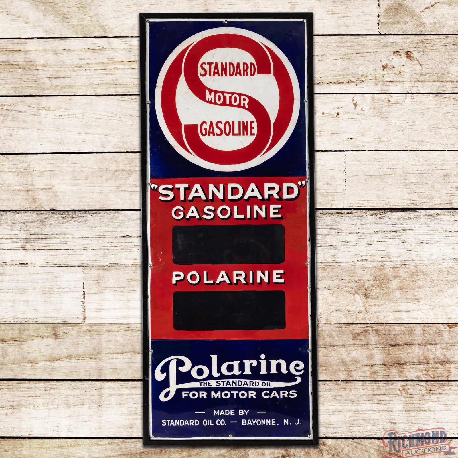 Rare Standard Gasoline Polarine Oils for Motor Cars Single Sided Porcelain Sign w/ Logo: SSP (Single Sided Porcelain) sign with an added wooden frame has been clear coated. The display has areas of crazing, chips and surface wear with numerous areas of exhibits color match in the fields a