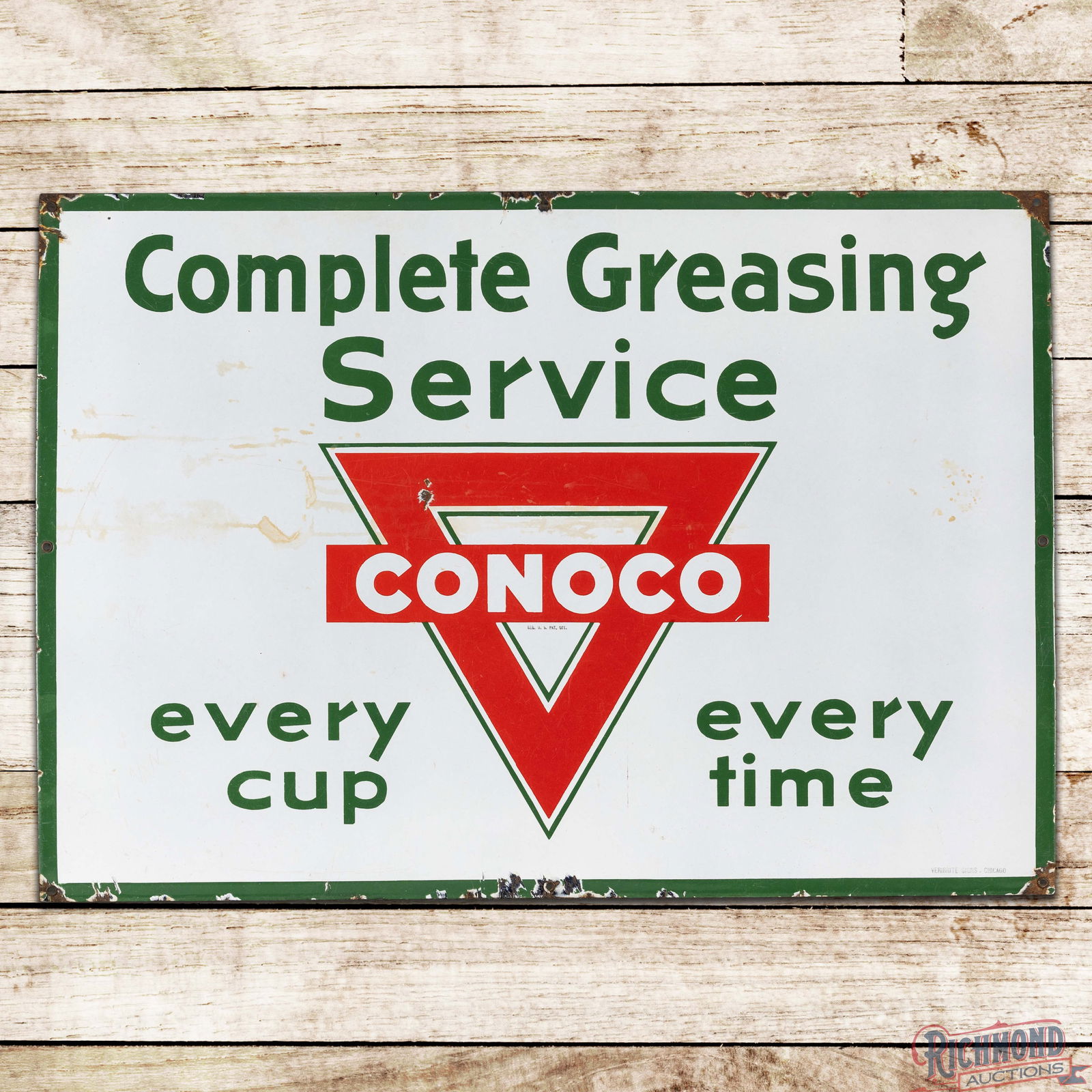 Conoco Complete Greasing Service "Every Cup Every Time" Single Sided Porcelain Sign w/ Logo: SSP (Single Sided Porcelain) sign has very good color and gloss. The field exhibits light wear, small chips and areas of discoloration which are more prominent in the left field. The perimeter has min