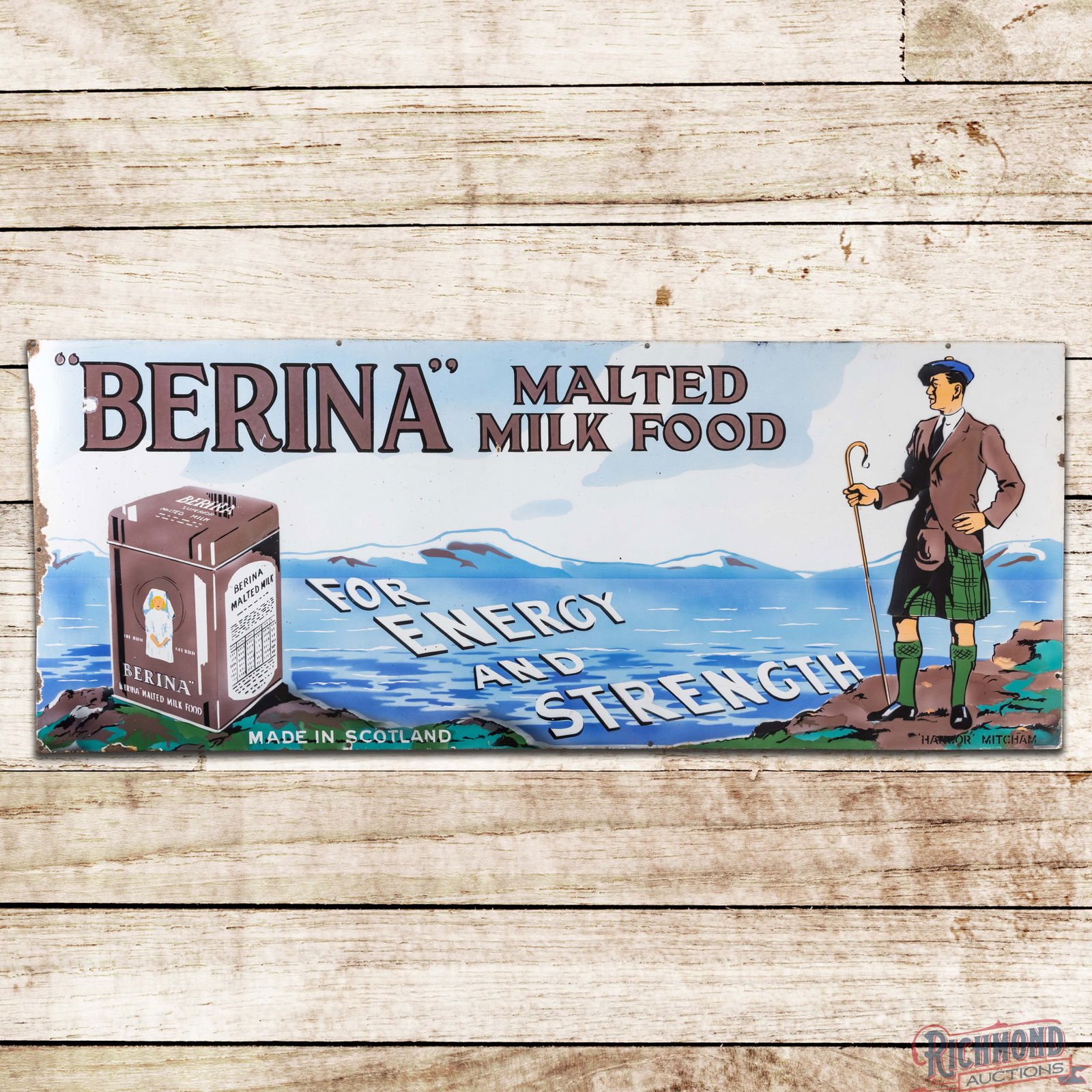 Early Berina Malted Milk Food "For Energy and Strength" Single Sided Porcelain Sign: SSP (Single Sided Porcelain) sign has excellent color and gloss. The sign features numerous porcelain enamel colors with detailed graphics of a Scotsman overlooking the water. The field has tiny facto