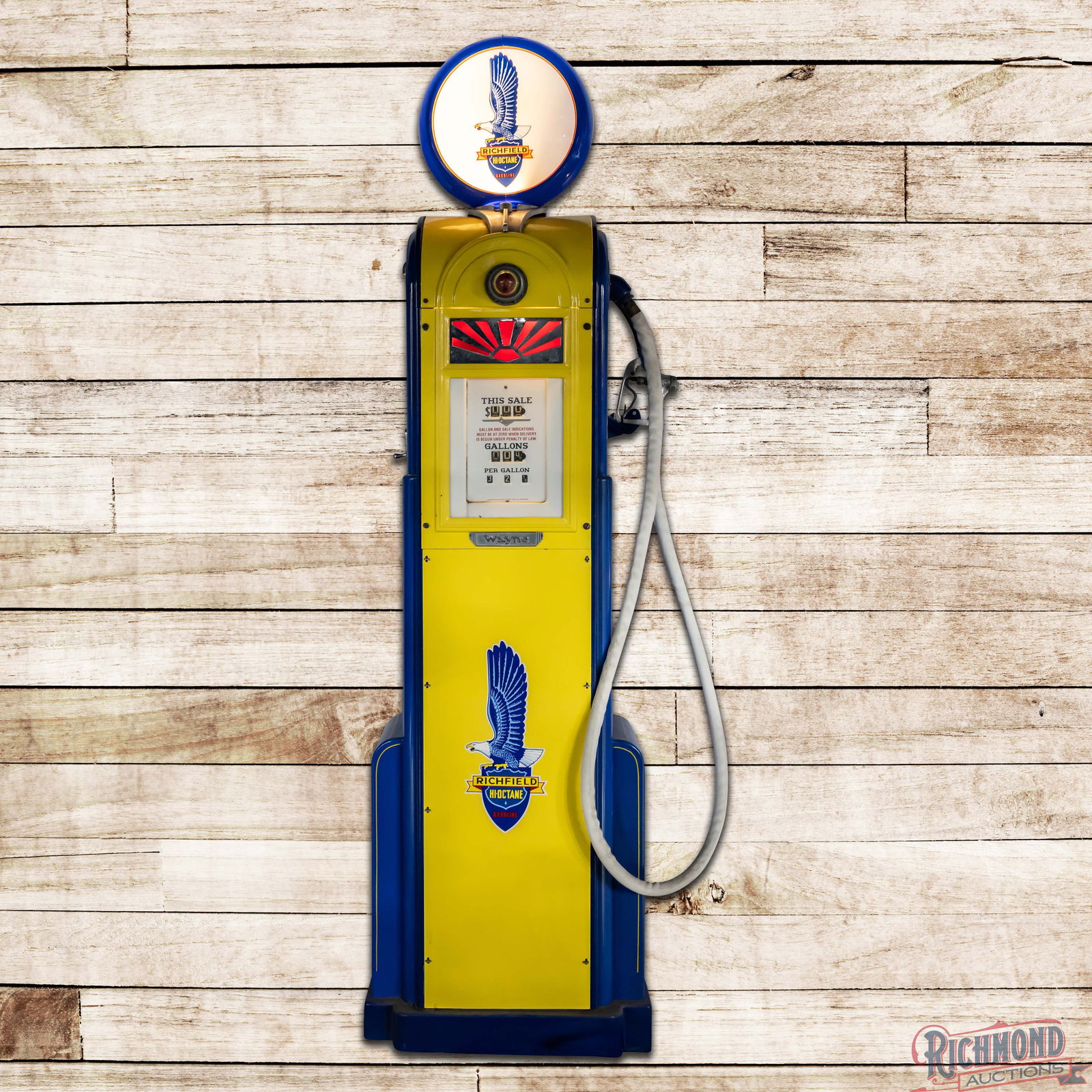 Wayne Model #60 Narrow Computing Gas Pump Restored Richfield Gasoline: Wayne Model #60 Narrow computing gas pump has been restored. The pump features classic Richfield colors with Richfield "Hi-Octane Gasoline" decals on the doors. The finish is clean with areas of light