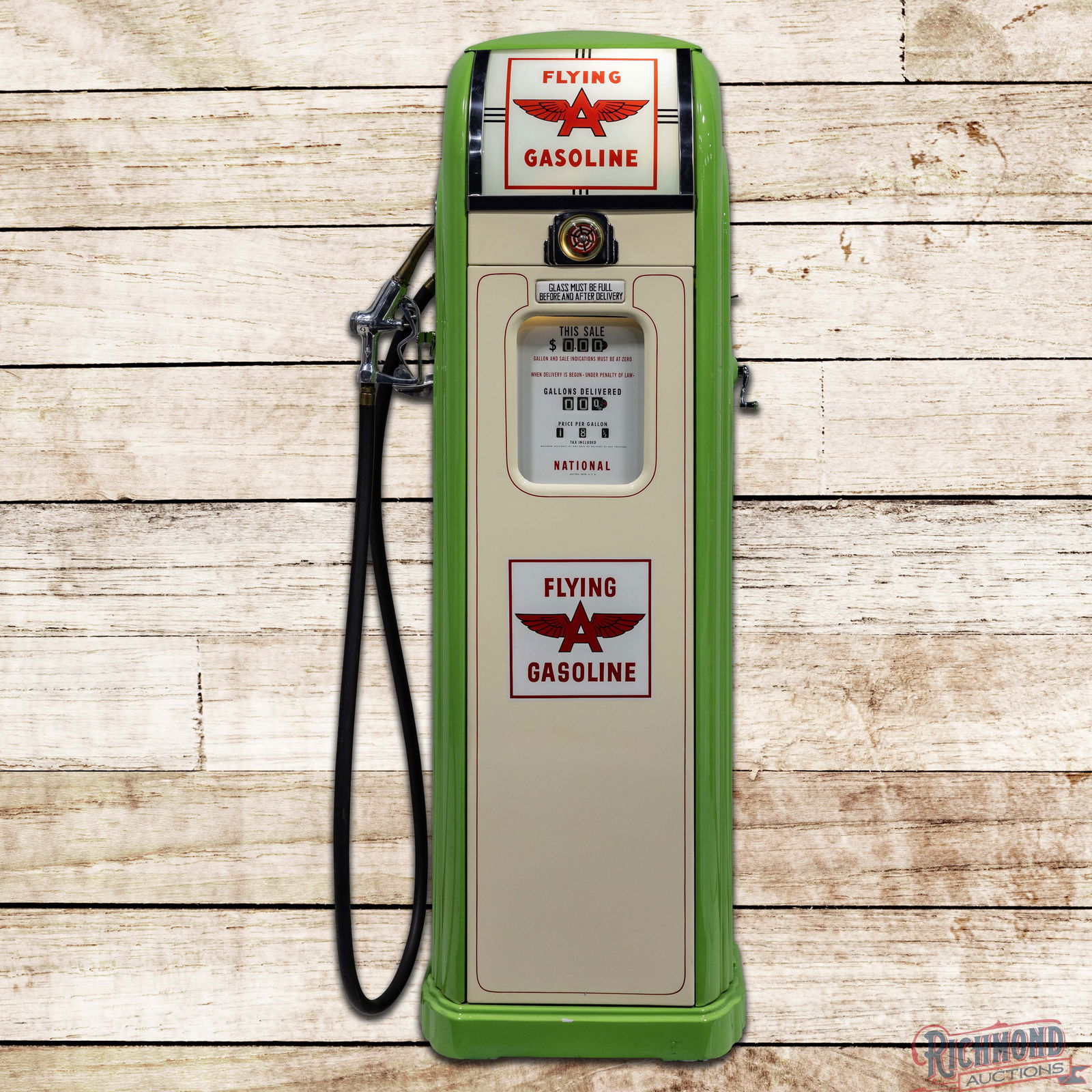 National Model # A38 Gas Pump Restored Flying A Gasoline: National A38 gas pump has been professionally restored. The pump features a highly detailed restoration with fantastic color throughout. The paint exhibits light wear with small scuffs and minor paint