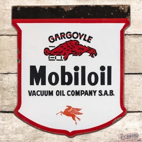 Gargoyle Mobiloil Vacuum Oil Company Double Sided Porcelain Shield Sign w/ Pegasus