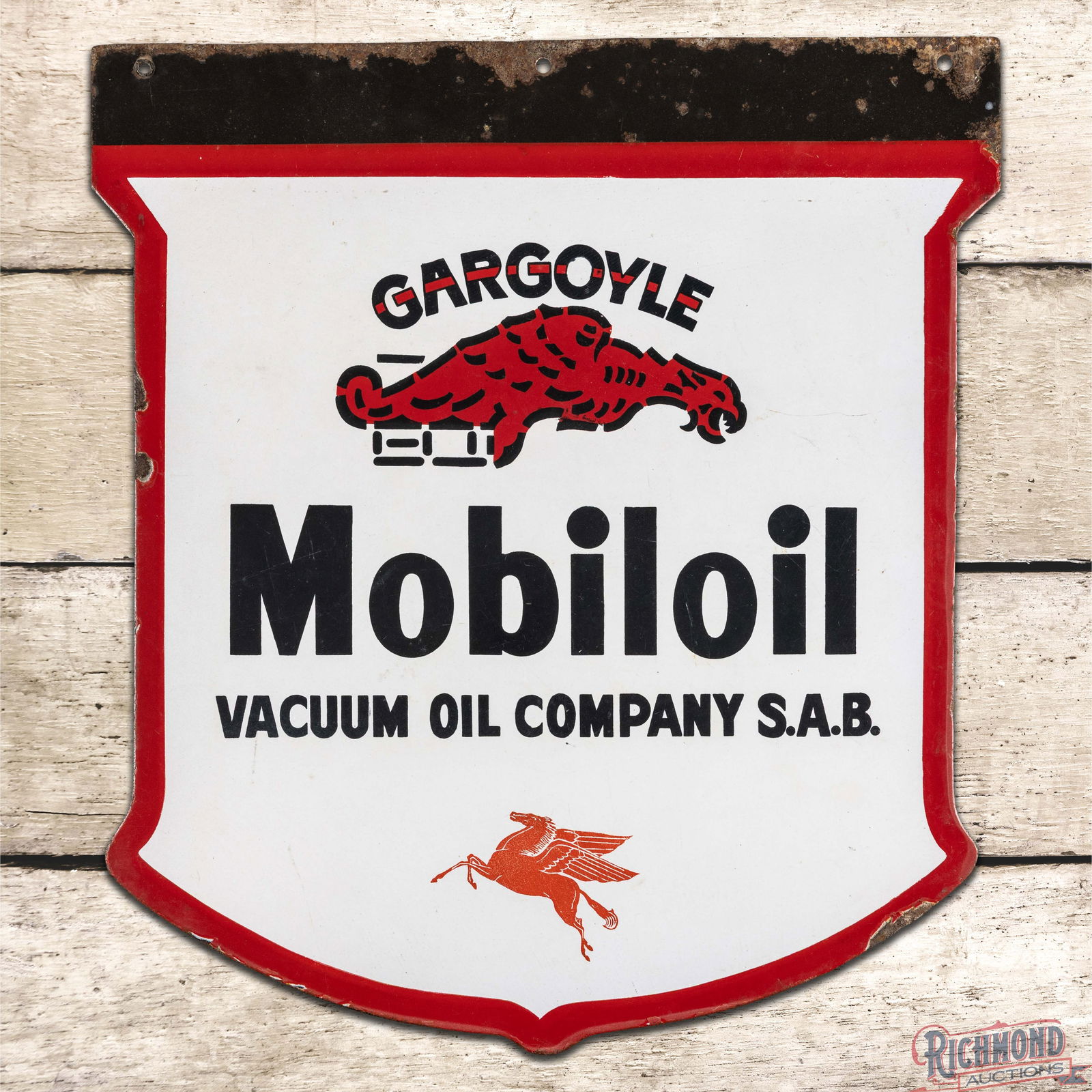 Gargoyle Mobiloil Vacuum Oil Company Double Sided Porcelain Shield Sign w/ Pegasus: DSP (Double Sided Porcelain) die cut shield sign very good color and gloss. Side #1 has areas of surface wear with scratches in the field. The perimeter has chips at the mounting holes and edges. The