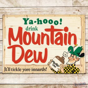 1968 Ya-Hoo! Drink Mountain Dew "It'll Tickle Yore Innards!" Emb Single Sided Tin Sign w/ Hillbilly