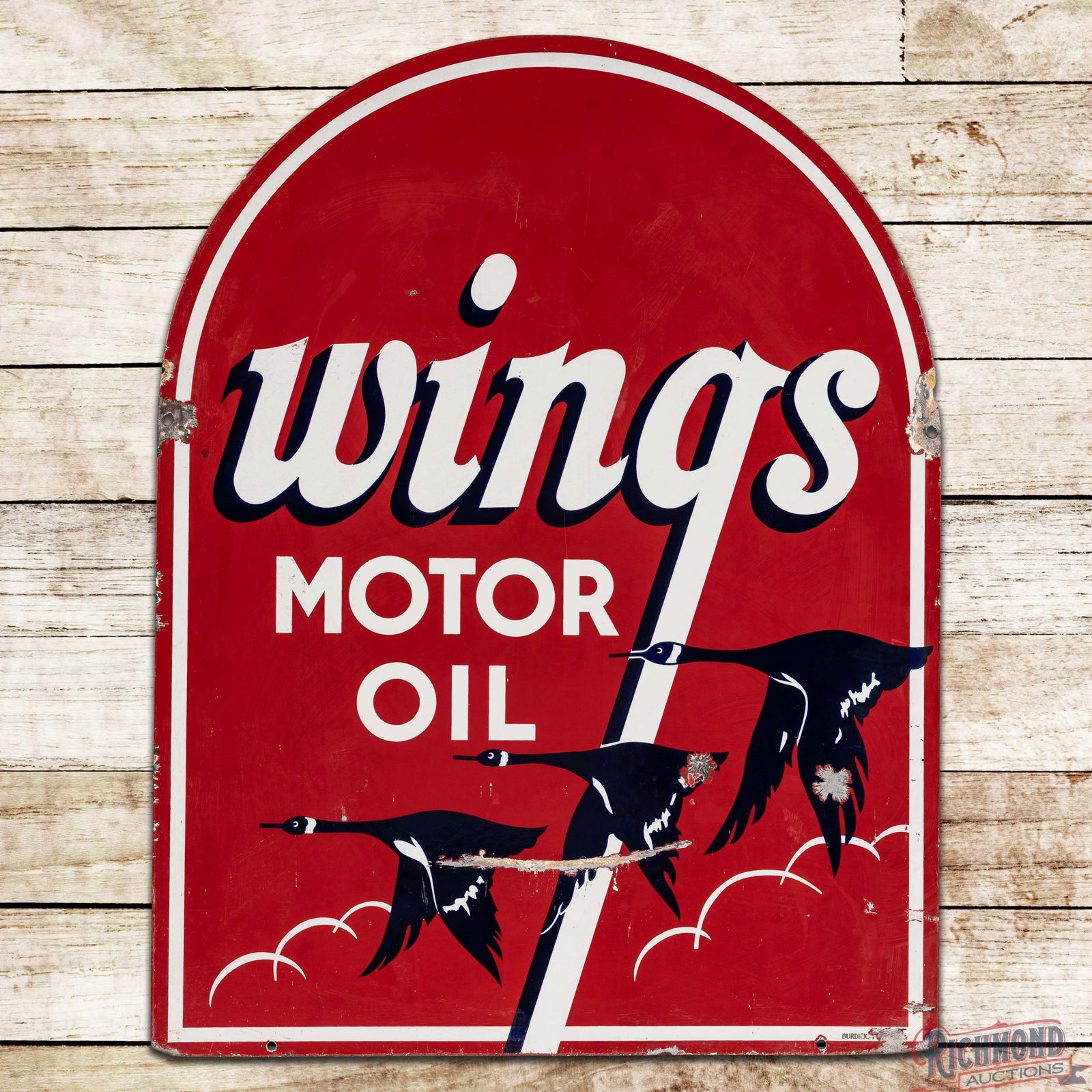 Rare Wings Motor Oil Double Sided Porcelain Tombstone Sign: DSP (Double Sided Porcelain) tombstone sign has good color and gloss. Side #1 has light wear with a small chip in the upper field and larger chips in the lower field. The perimeter has chips with mino
