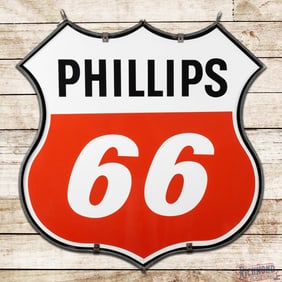Excellent 1961 Phillips 66 Gasoline Service Station 4' Double Sided Porcelain Die Cut Sign w/ Ring