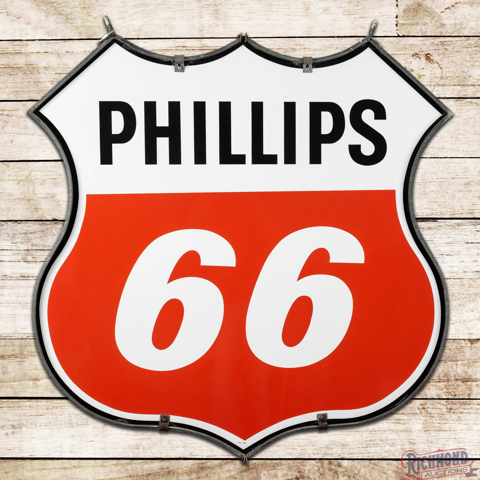 Excellent 1961 Phillips 66 Gasoline Service Station 4' Double Sided Porcelain Die Cut Sign w/ Ring: DSP (Double Sided Porcelain) die cut sign with the original ring has outstanding color and gloss. The display has a clean field. The perimeter has chips at the upper mount holes and edges with minor c