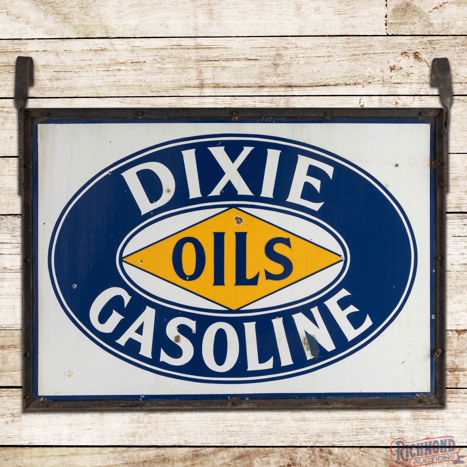 Dixie Oils Gasoline 4' Double Sided Porcelain Logo Sign w/ Frame: DSP (Double Sided Porcelain) sign with the factory frame and hangers has very good color and gloss. Side #1 has chips with areas of minor surface wear and discoloration. The perimeter has chips at