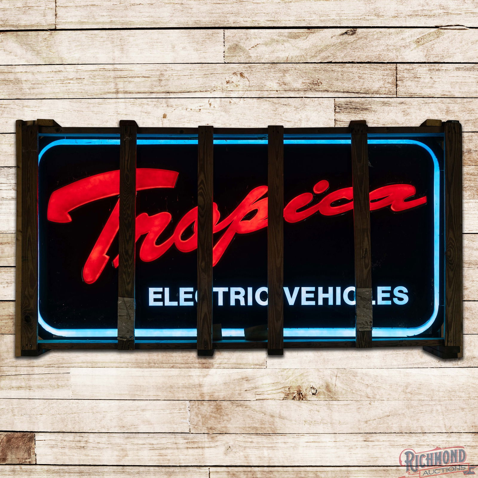NOS Tropica Electric Vehicles 8' Embossed Lighted Dealership Sign w/ Crate Art Kraft: The hammer price realized for this lot will be donated to the Antique Automobile Club of America Library & Research Center in Hershey, PA. Outstanding NOS (New Old Stock) double sided embossed