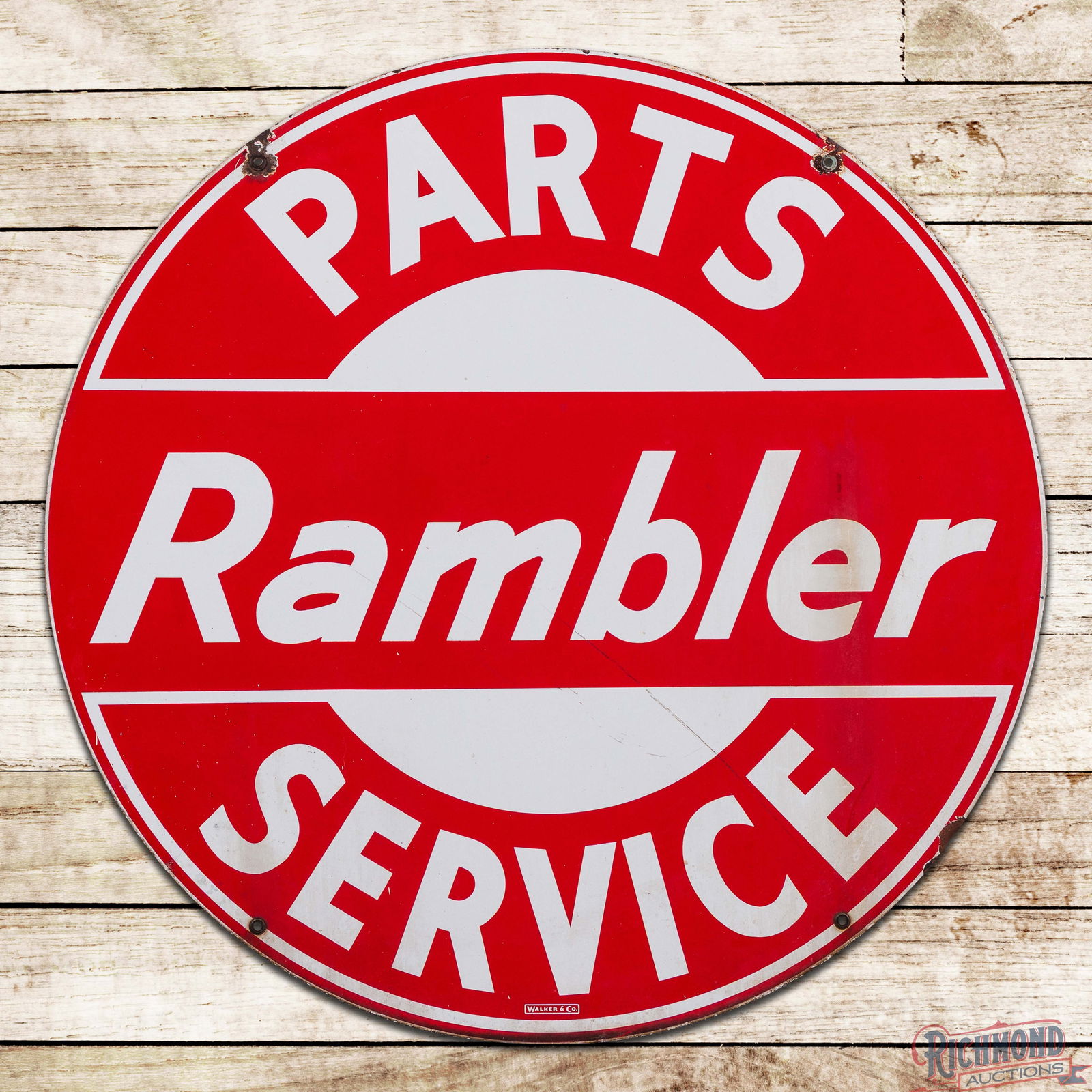 Clean Rambler Parts Service 42" Double Sided Porcelain Sign: DSP (Double Sided Porcelain) sign has excellent color and gloss. The display is very clean overall with minor surface marks. The perimeter has chips at the upper mounting holes, edges and a minor