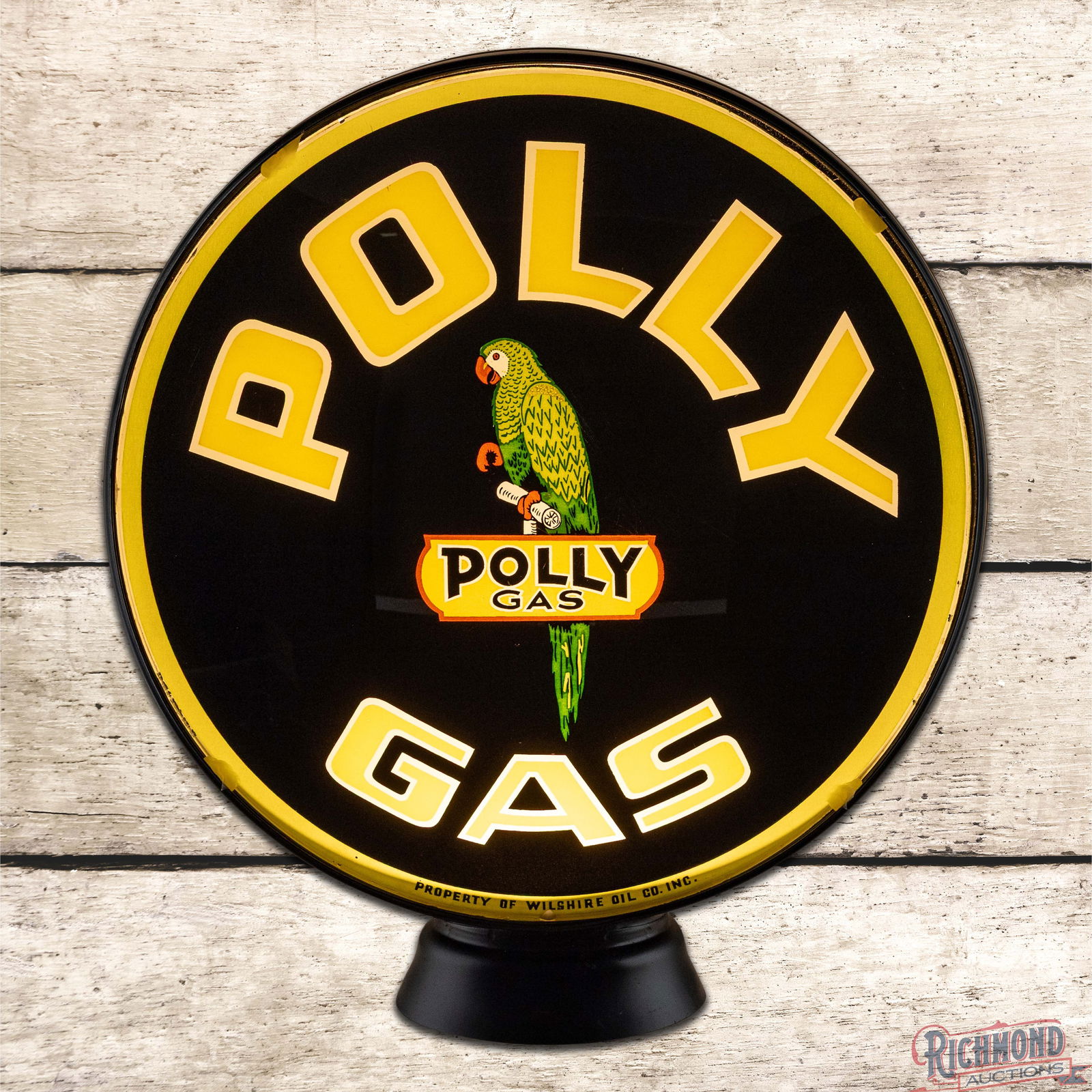 Impressive Polly Gas Wilshire Oil Co. 15" Single Lens w/ Metal Body: Single 15" lens mounted in a metal body. The lens exhibits outstanding color and features a colorful graphic of the Polly Parrot in the center field. The lens has surface scratches in the center field