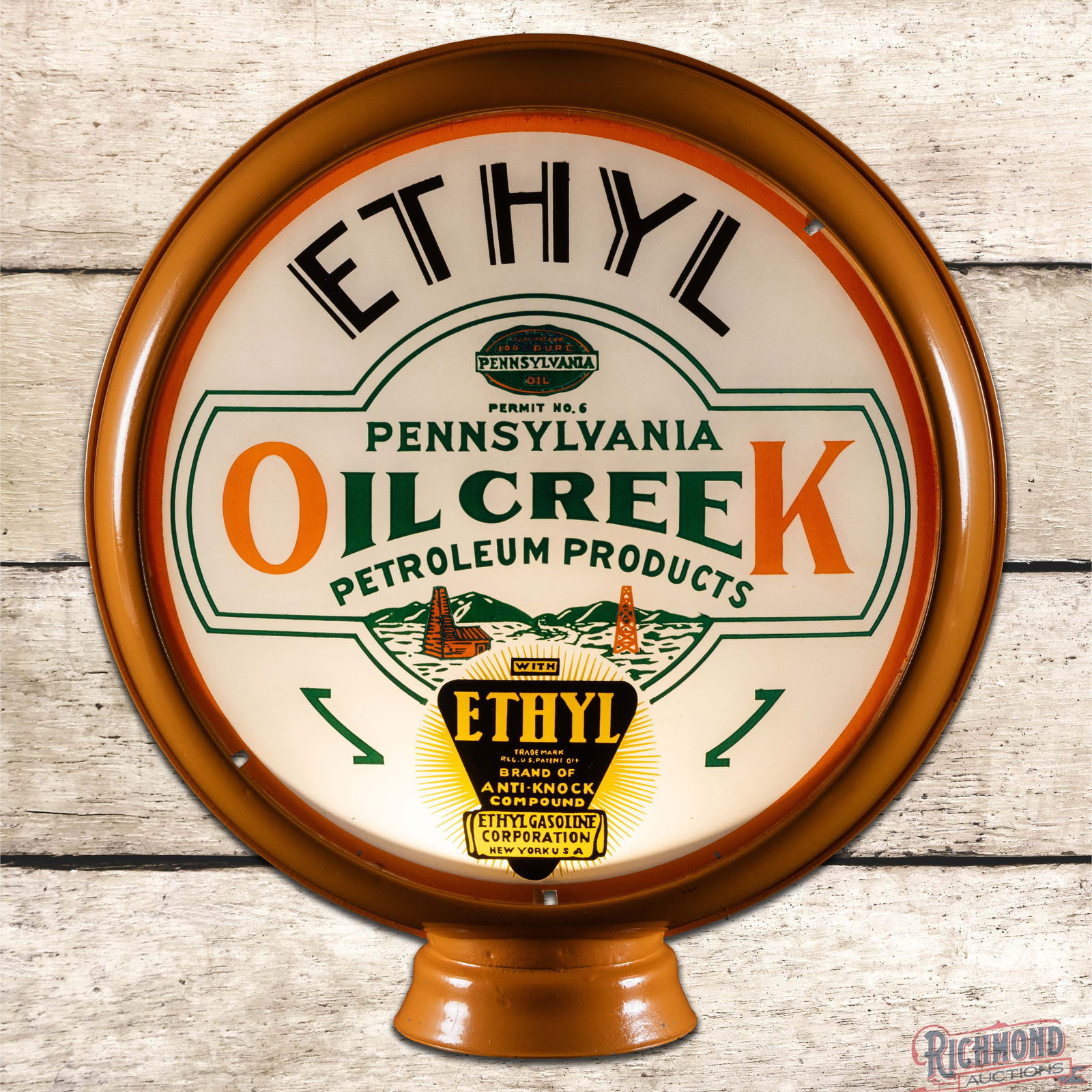 Oil Creek Ethyl Gasoline 15" Single Lens w/ HP Metal Body Gas Pump Globe: Single 15" lens mounted in a high profile metal body. The lens has outstanding color with light fine scratches in the fields. The perimeter has tiny paint chips and nicks along the outer edges. The