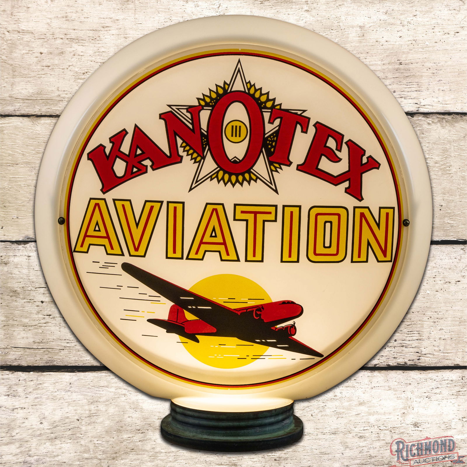 Outstanding Kanotex Aviation 13.5" Complete Milk Glass Body Gas Pump Globe w/ Plane: Two 13.5" lenses mounted in a milk glass body with a copper screw base have excellent color. The lenses feature vibrant colors with a large plane graphic in the lower field. Lens #1 is very clean