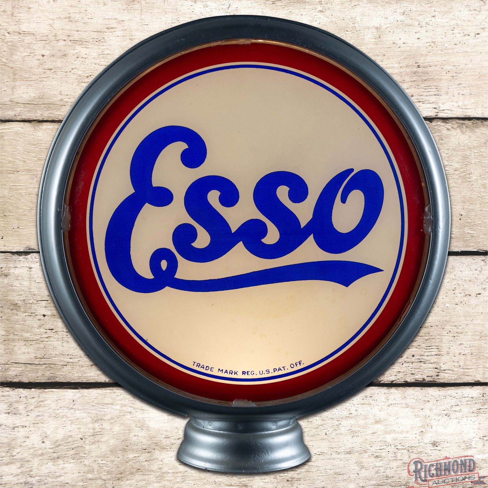 Esso Gasoline 15" Complete HP Metal Body Gas Pump Globe: Two 15" lenses mounted in a high profile metal body have excellent color. Lens #1 features a clean field with a small fine scratch in the upper field. The reverse lens has fine scratches in the