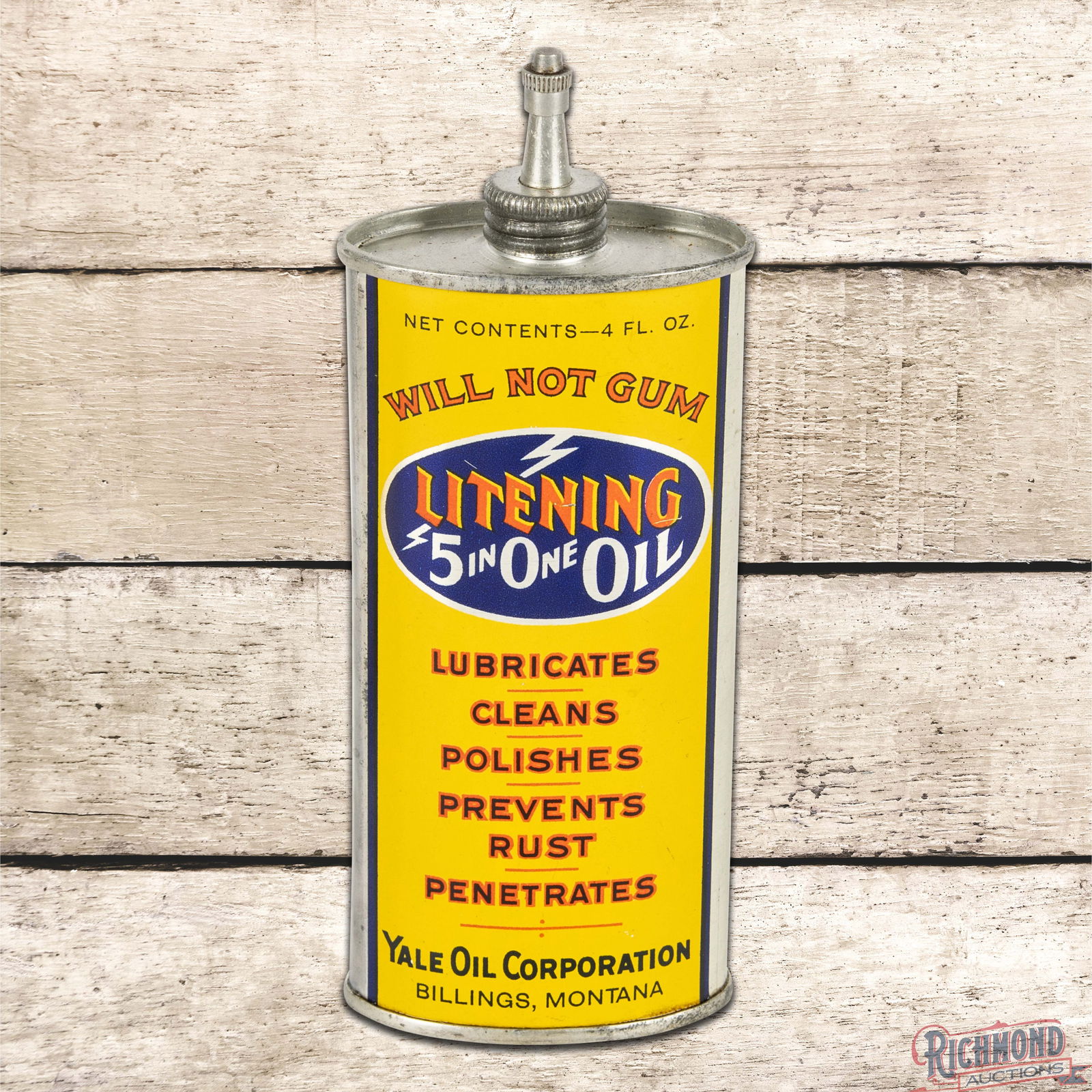 Fantastic Litening 5 in One Oil Yale Billings Montana Metal Lead Top Handy Oiler: Outstanding 4-fluid ounce empty metal lead top handy oiler has day one color and shine. The oiler is exceptionally clean with a few minor surface imperfections in the fields and sides. Overall a