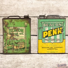 Pair of Beacon Motor Oil 1 Gallon Slim Metal Advertising Cans