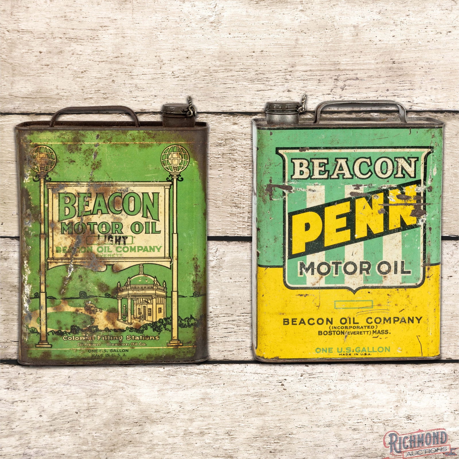 Pair of Beacon Motor Oil 1 Gallon Slim Metal Advertising Cans: Pair of empty metal Beacon Motor Oil one gallon cans. The Beacon Penn gallon has moderate color and shine with general wear throughout - Rated 6.5. The Beacon gallon with service station graphic has