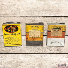 Scarce Group of 3 Litening Oil & Weed Killer One Gallon Metal Advertising Cans Yale Oil Corporation