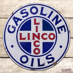 Scarce Linco Gasoline Oils 24" Double Sided Porcelain Sign