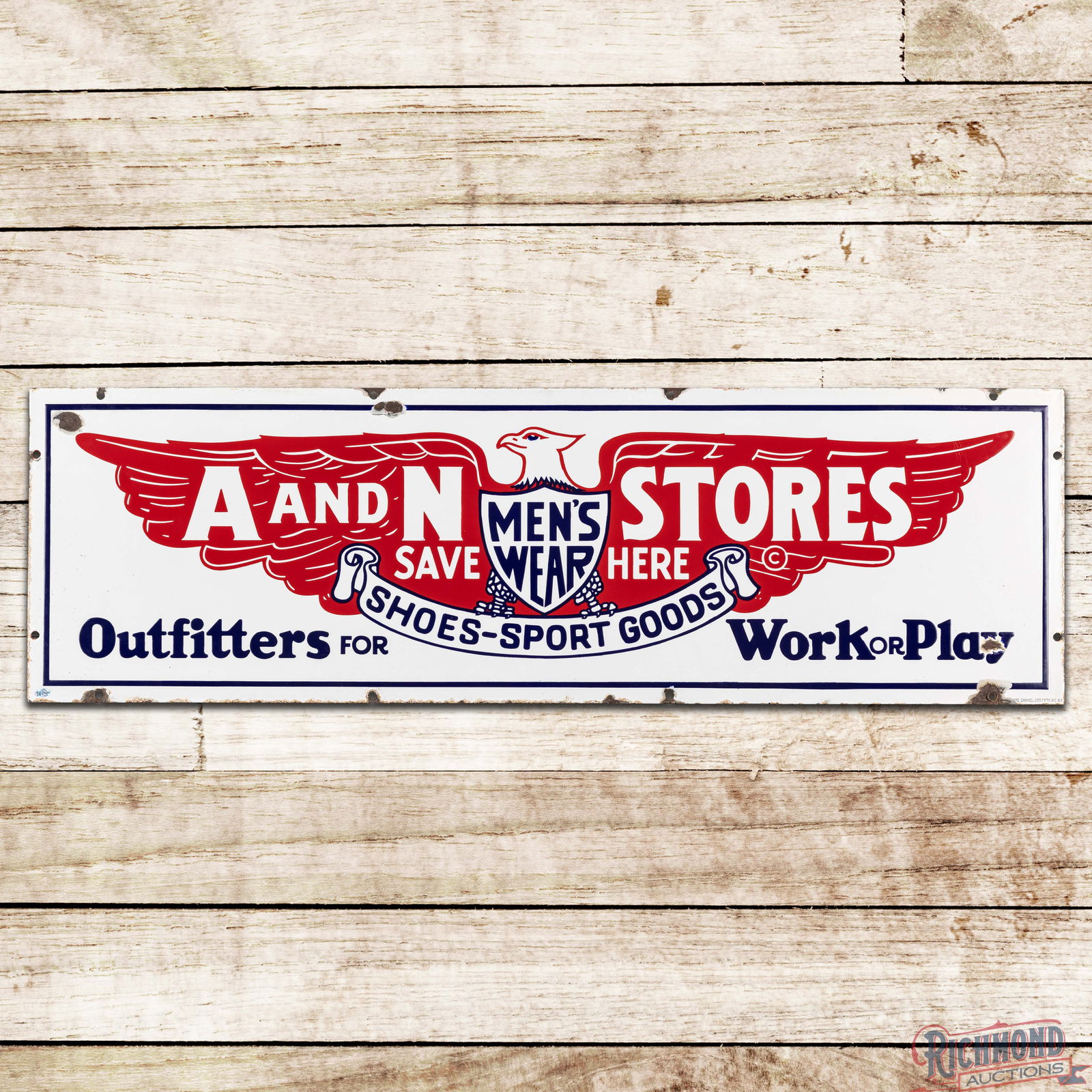 Outstanding A & N Men's Wear Stores Shoes Sport Goods "Outfitters for Work or Play" Porcelain Sign (1 of 3)